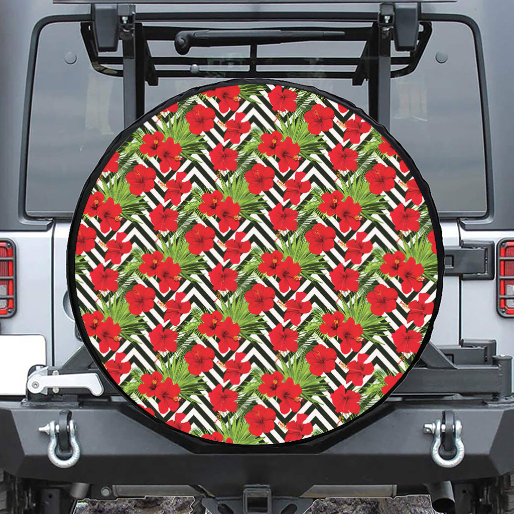 Red Hibiscus Chevron Pattern Print Tire Cover