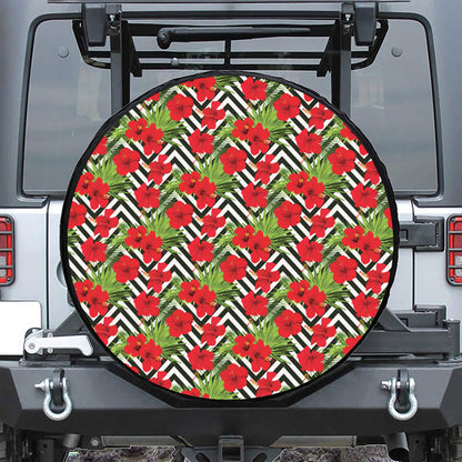 Red Hibiscus Chevron Pattern Print Tire Cover