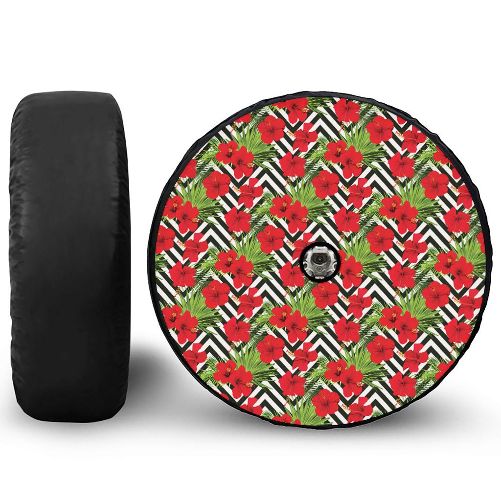 Red Hibiscus Chevron Pattern Print Tire Cover With Camera Hole