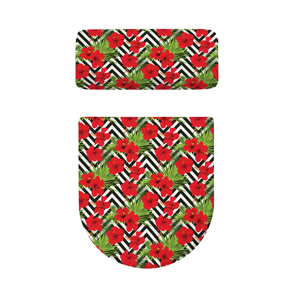 Red Hibiscus Chevron Pattern Print Toilet Lid And Tank Cover Set