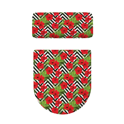 Red Hibiscus Chevron Pattern Print Toilet Lid And Tank Cover Set