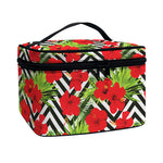 Red Hibiscus Chevron Pattern Print Travel Makeup Bag