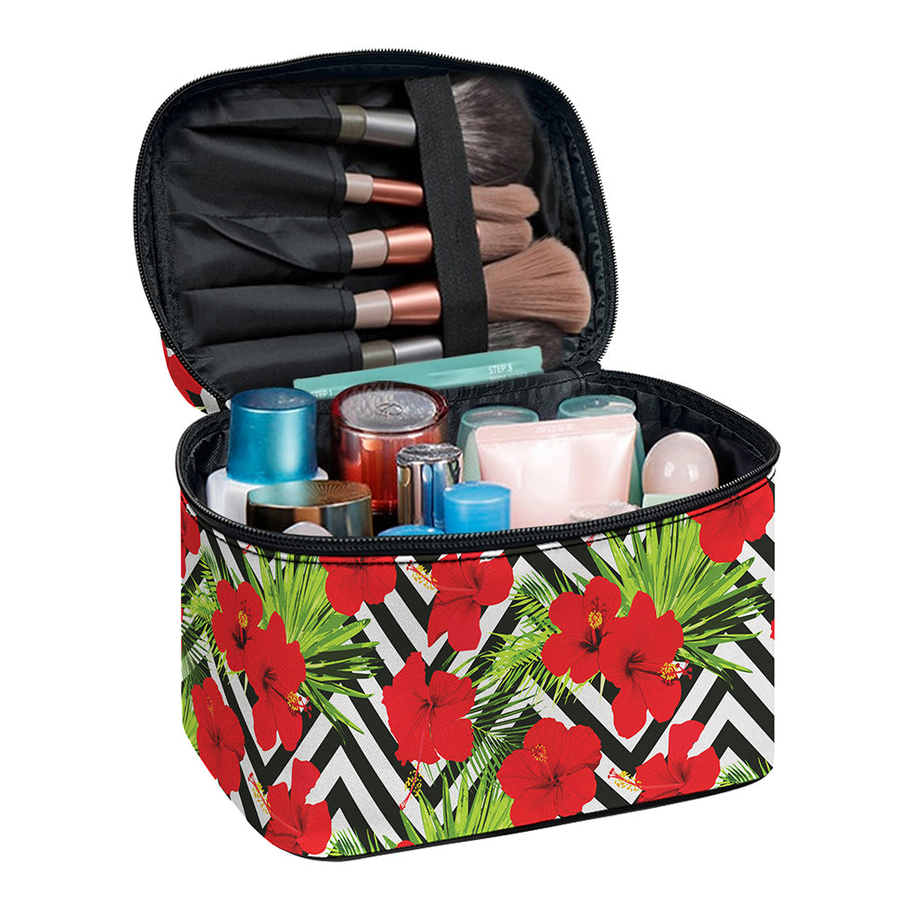 Red Hibiscus Chevron Pattern Print Travel Makeup Bag