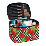 Red Hibiscus Chevron Pattern Print Travel Makeup Bag