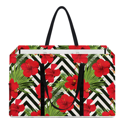 Red Hibiscus Chevron Pattern Print Utility Tote Bag