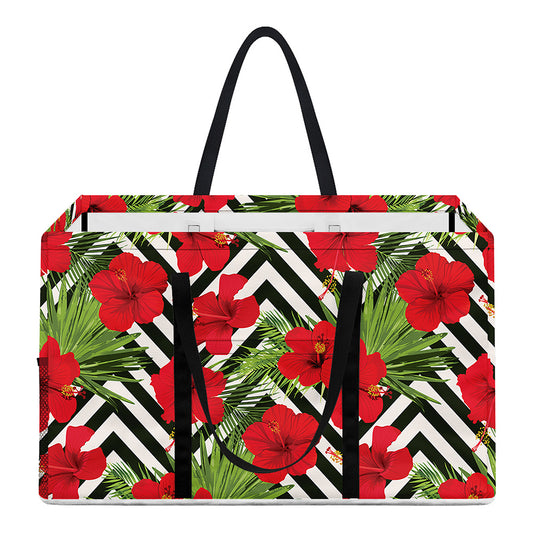 Red Hibiscus Chevron Pattern Print Utility Tote Bag