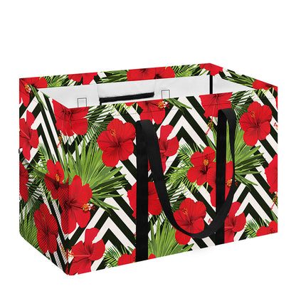 Red Hibiscus Chevron Pattern Print Utility Tote Bag