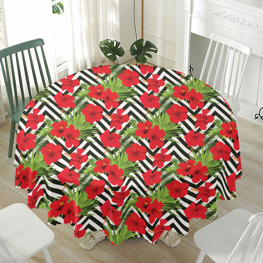 Red Hibiscus Chevron Pattern Print Waterproof Round Tablecloth