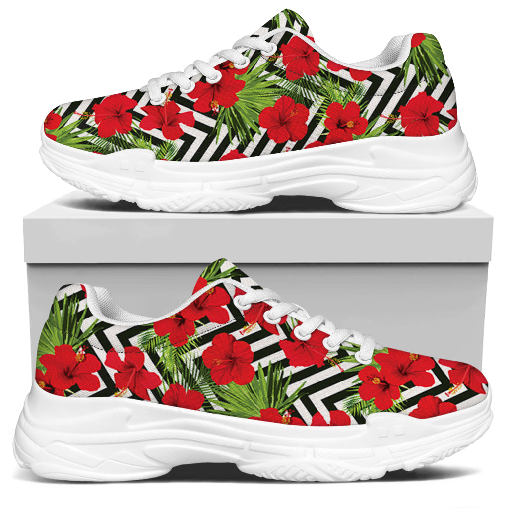 Red Hibiscus Chevron Pattern Print White Chunky Shoes