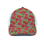 Red Hibiscus Chevron Pattern Print White Mesh Trucker Cap