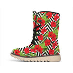 Red Hibiscus Chevron Pattern Print Winter Boots