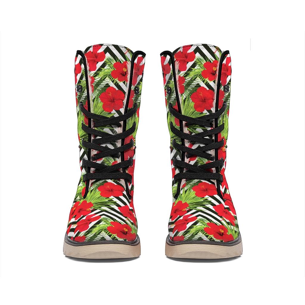 Red Hibiscus Chevron Pattern Print Winter Boots