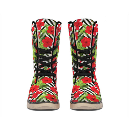 Red Hibiscus Chevron Pattern Print Winter Boots