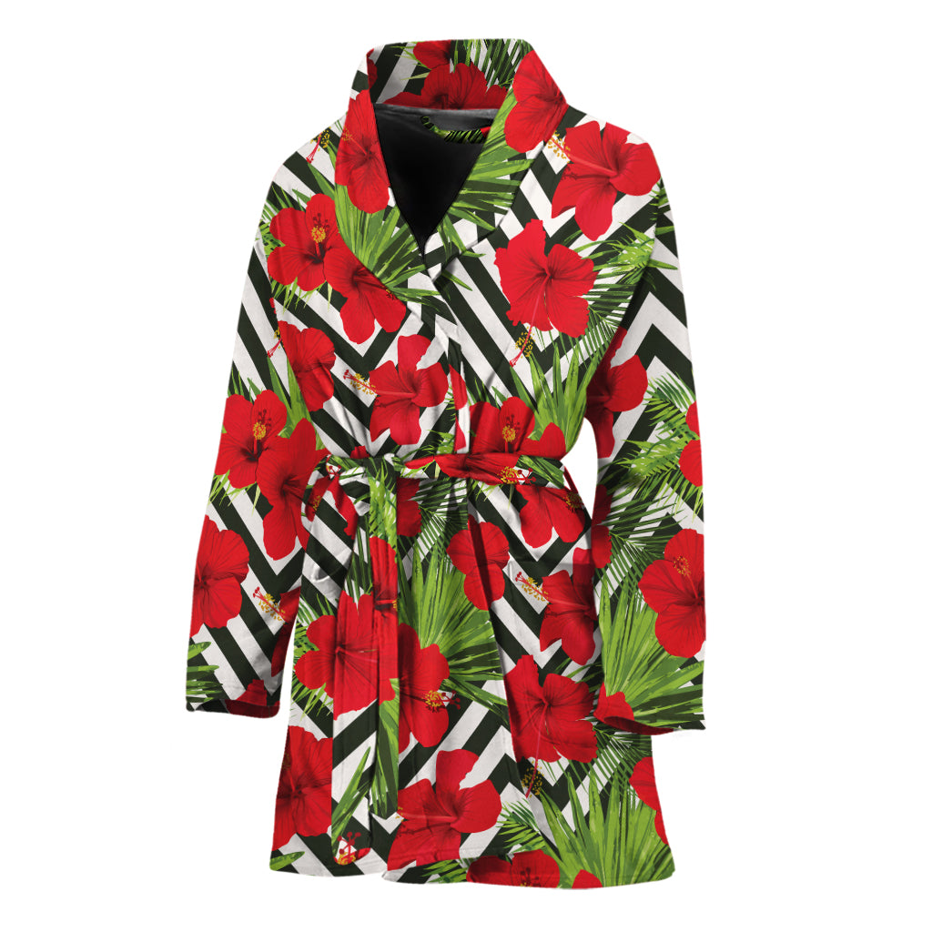 Red Hibiscus Chevron Pattern Print Women's Bathrobe