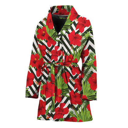 Red Hibiscus Chevron Pattern Print Women's Bathrobe