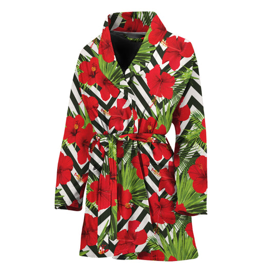 Red Hibiscus Chevron Pattern Print Women's Bathrobe
