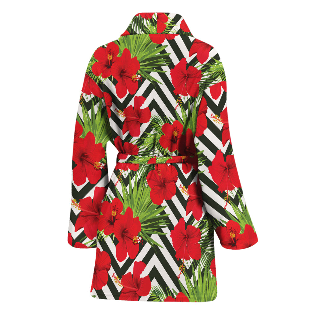 Red Hibiscus Chevron Pattern Print Women's Bathrobe