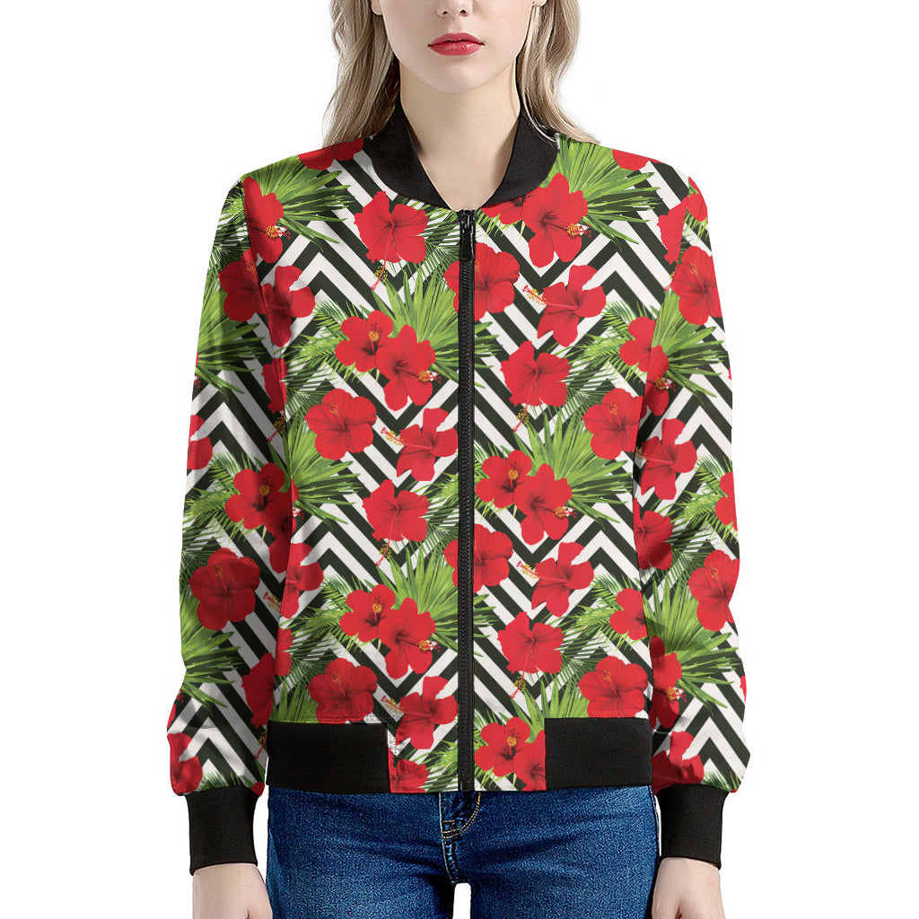 Red Hibiscus Chevron Pattern Print Women's Bomber Jacket