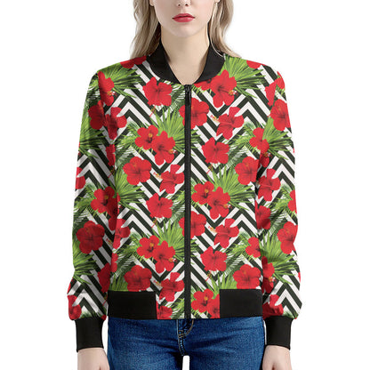 Red Hibiscus Chevron Pattern Print Women's Bomber Jacket