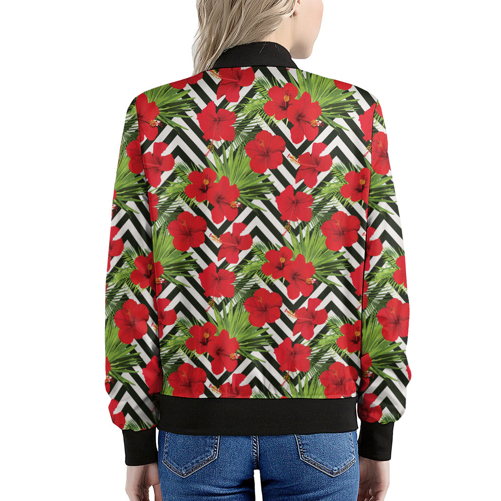 Red Hibiscus Chevron Pattern Print Women's Bomber Jacket