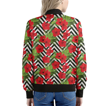 Red Hibiscus Chevron Pattern Print Women's Bomber Jacket