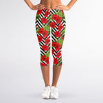 Red Hibiscus Chevron Pattern Print Women's Capri Leggings