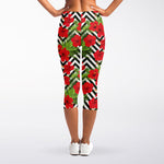 Red Hibiscus Chevron Pattern Print Women's Capri Leggings
