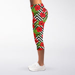 Red Hibiscus Chevron Pattern Print Women's Capri Leggings