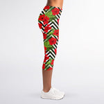 Red Hibiscus Chevron Pattern Print Women's Capri Leggings