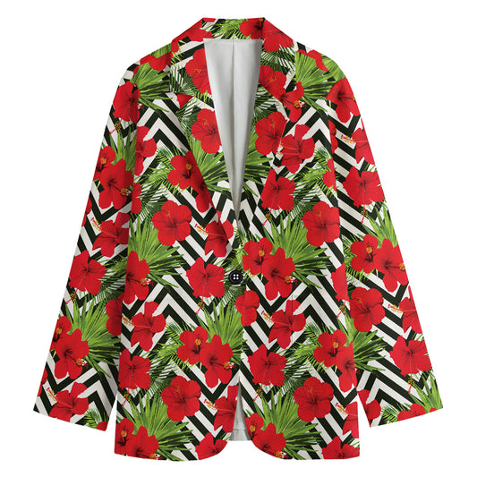 Red Hibiscus Chevron Pattern Print Women's Cotton Blazer