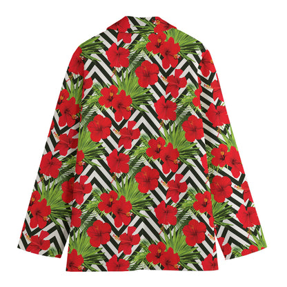 Red Hibiscus Chevron Pattern Print Women's Cotton Blazer