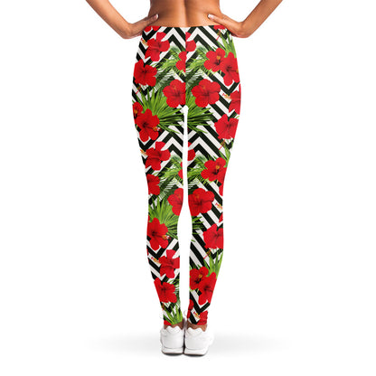 Red Hibiscus Chevron Pattern Print Women's Leggings