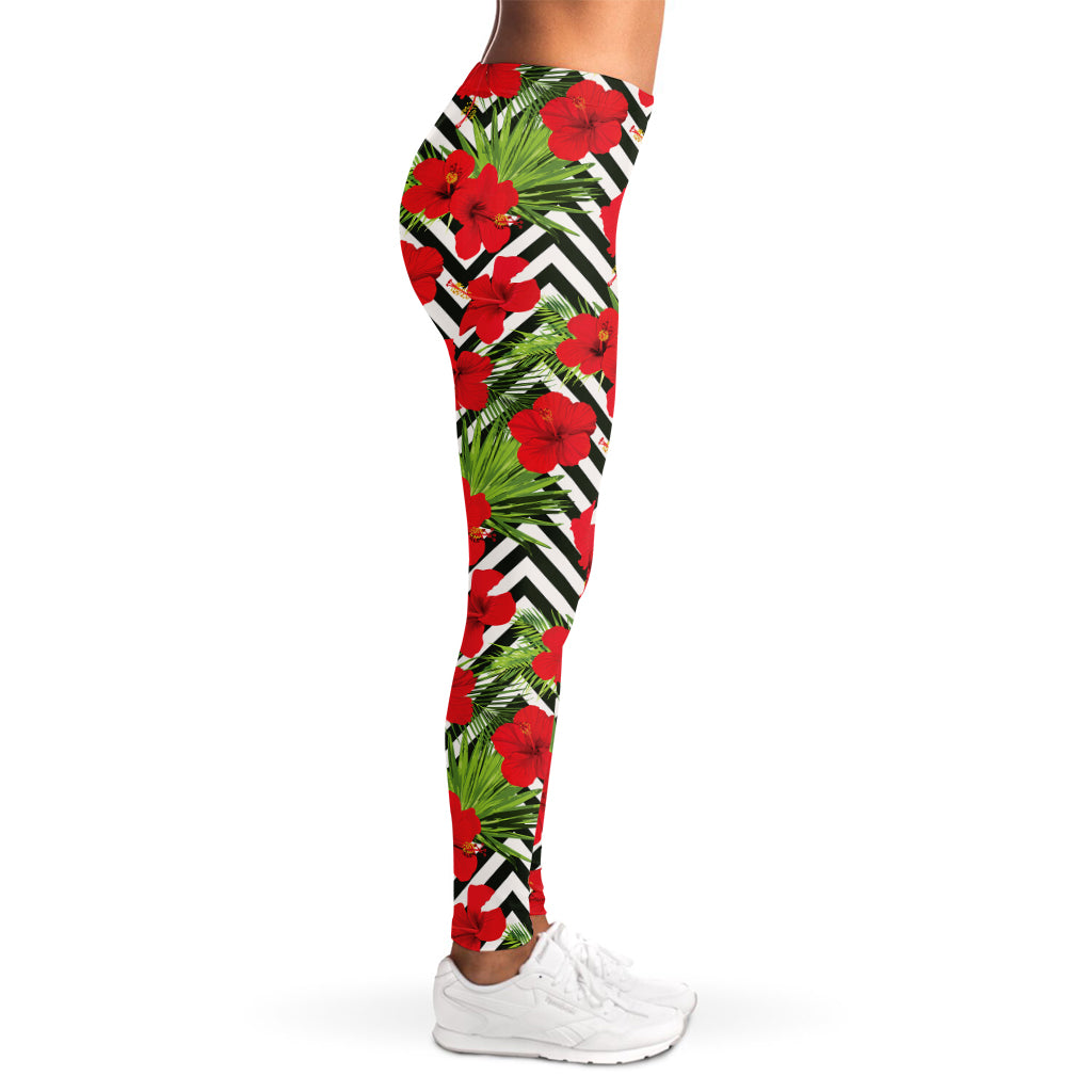 Red Hibiscus Chevron Pattern Print Women's Leggings