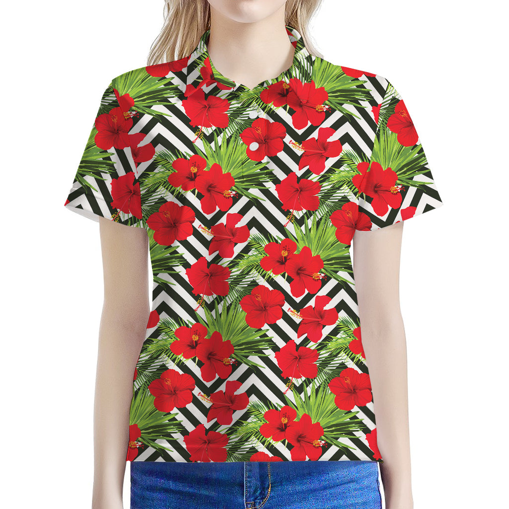 Red Hibiscus Chevron Pattern Print Women's Polo Shirt