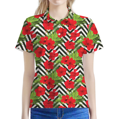 Red Hibiscus Chevron Pattern Print Women's Polo Shirt
