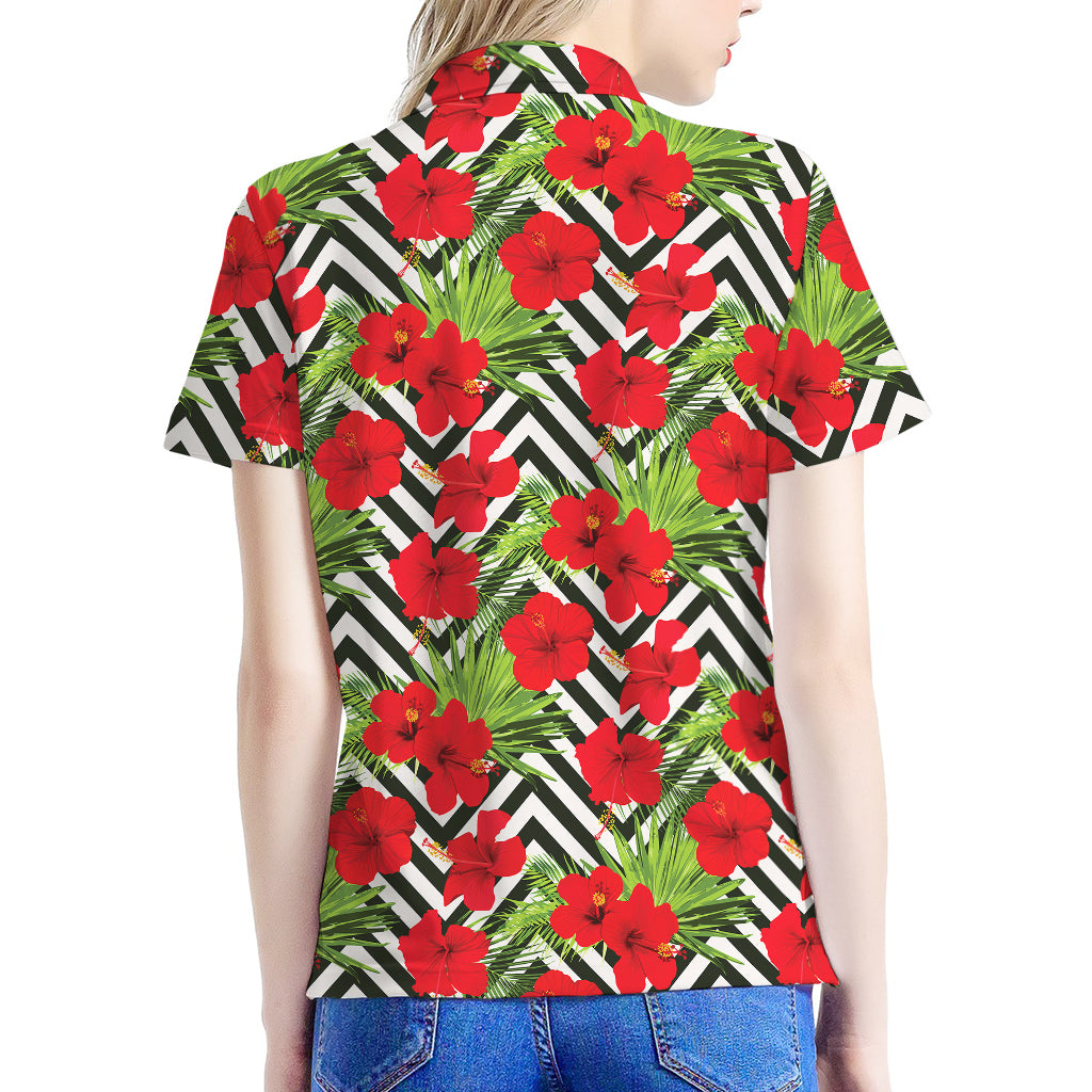 Red Hibiscus Chevron Pattern Print Women's Polo Shirt