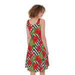 Red Hibiscus Chevron Pattern Print Women's Sleeveless Dress