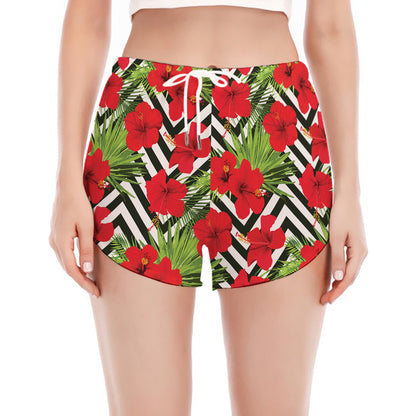 Red Hibiscus Chevron Pattern Print Women's Split Running Shorts