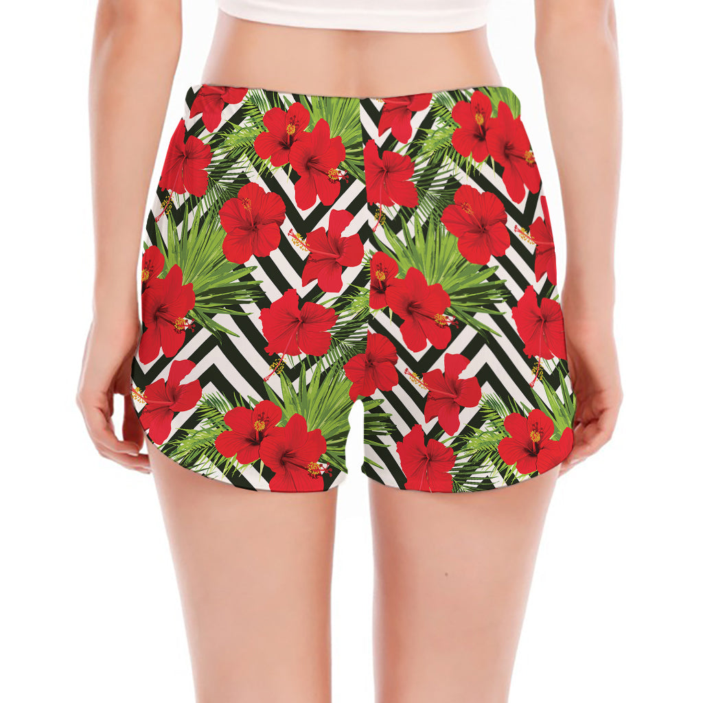Red Hibiscus Chevron Pattern Print Women's Split Running Shorts
