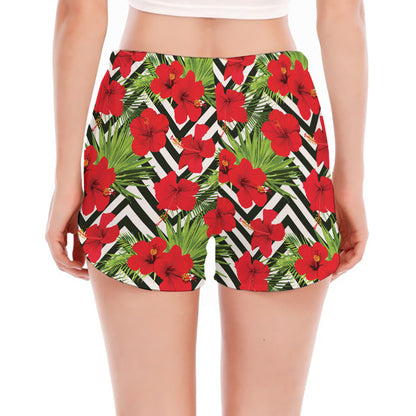 Red Hibiscus Chevron Pattern Print Women's Split Running Shorts