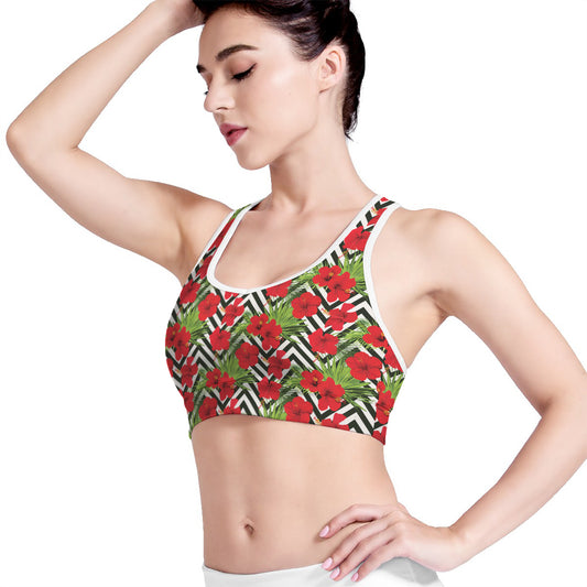 Red Hibiscus Chevron Pattern Print Women's Sports Bra