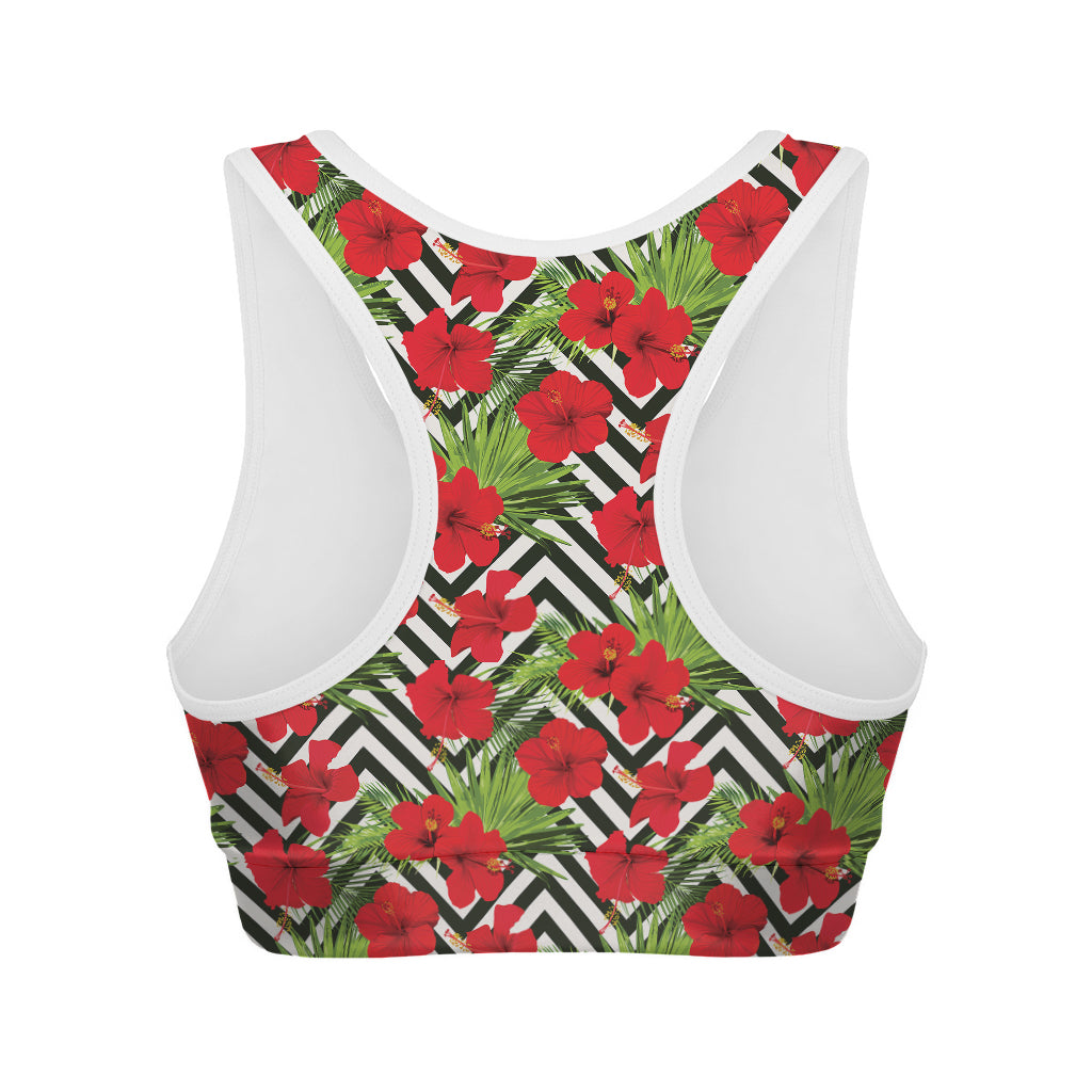 Red Hibiscus Chevron Pattern Print Women's Sports Bra