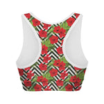 Red Hibiscus Chevron Pattern Print Women's Sports Bra