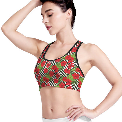 Red Hibiscus Chevron Pattern Print Women's Sports Bra