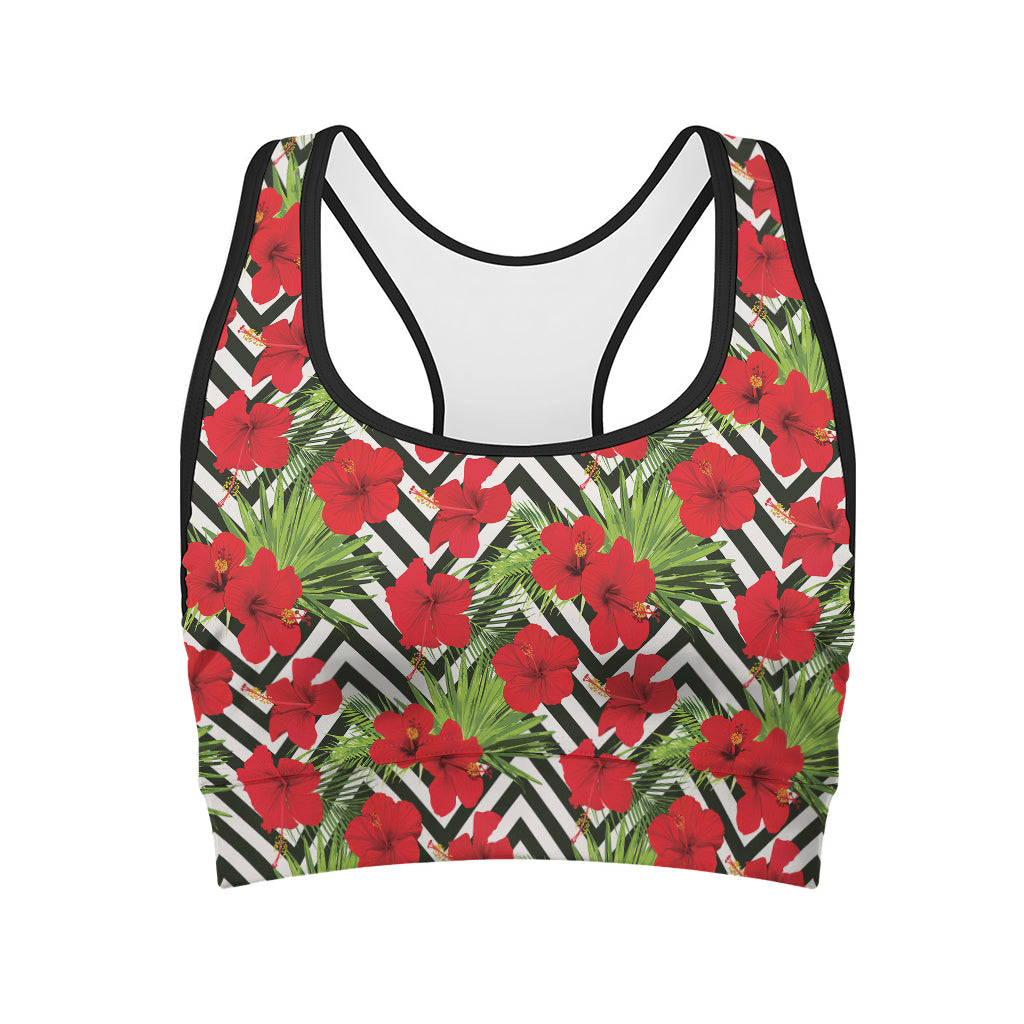 Red Hibiscus Chevron Pattern Print Women's Sports Bra