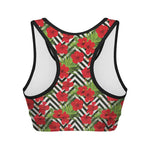 Red Hibiscus Chevron Pattern Print Women's Sports Bra