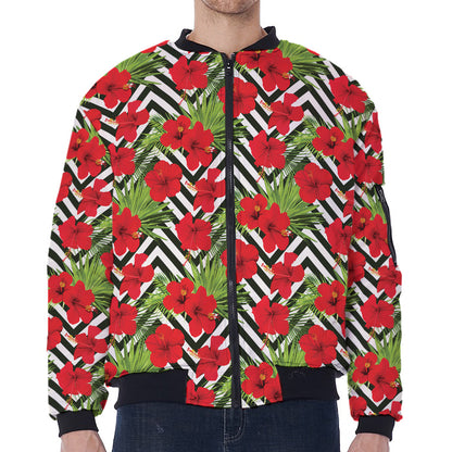 Red Hibiscus Chevron Pattern Print Zip Sleeve Bomber Jacket