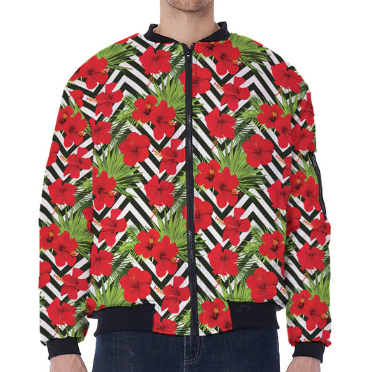 Red Hibiscus Chevron Pattern Print Zip Sleeve Bomber Jacket