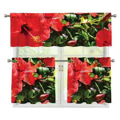 Red Hibiscus Flowers Print 3 Piece Kitchen Curtains