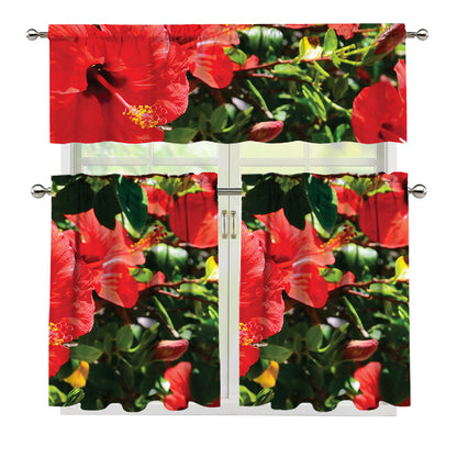 Red Hibiscus Flowers Print 3 Piece Kitchen Curtains